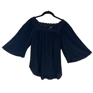 Rebecca Taylor 100% Silk Black Top Eyelet Neck Cropped Bell Sleeve Size 4